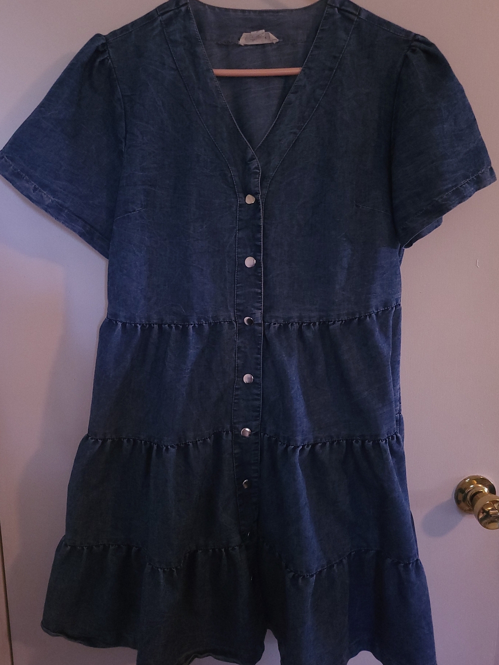 Violet Skies Blue Denim Jean Dress Tiered Snap Front Short Sleeve Vtg Sz Large